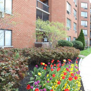 A brick apartment building with a landscaped garden featuring colorful flowers and shrubs along a sidewalk.