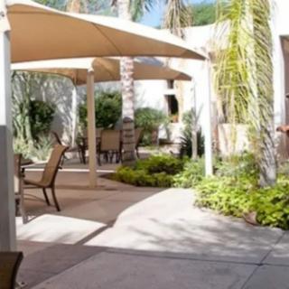 A sunlit patio area with tables and chairs, shaded by canopies and surrounded by lush greenery.