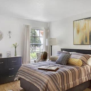 A modern bedroom with stylish decor and a large window letting in natural light.