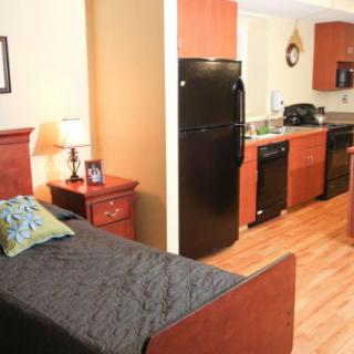 A cozy studio apartment featuring a bed and an open kitchen area.