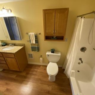 A well-organized bathroom with a bathtub, sink, toilet, and wooden flooring.