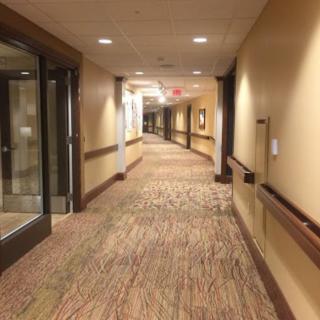 A well-lit, carpeted hallway with modern interior design.