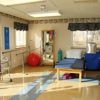 A well-lit physical therapy room featuring parallel bars, an exercise ball, and a therapy bed.