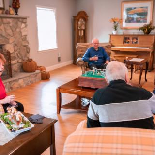 A group of seniors enjoying a conversation in a cozy living room.