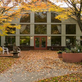 A building surrounded by autumn leaves, with large windows and trees.