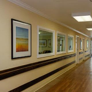 A well-lit hallway featuring framed artwork on the walls, creating an inviting atmosphere.