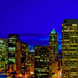 A vibrant city skyline illuminated at night.