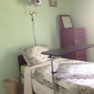 A small bedroom with a hospital bed and a mobile bed table against green walls.