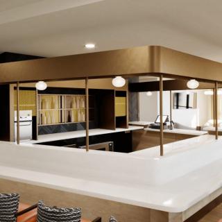 Modern kitchen with open design and stylish lighting.