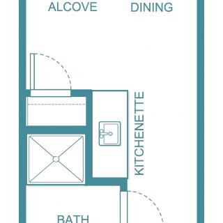 A floor plan of a studio apartment featuring an alcove, dining area, kitchenette, and bathroom.