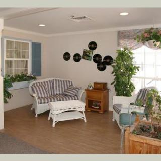 A cozy living room with vintage decor, featuring a striped sofa, record-themed wall art, and abundant indoor plants.