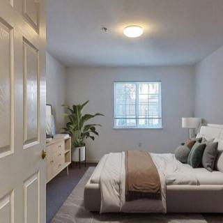 A cozy bedroom with neutral decor, featuring a neatly made bed, a large potted plant, and natural light coming through the window.