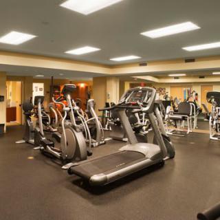 A well-equipped gym with treadmills and elliptical machines.