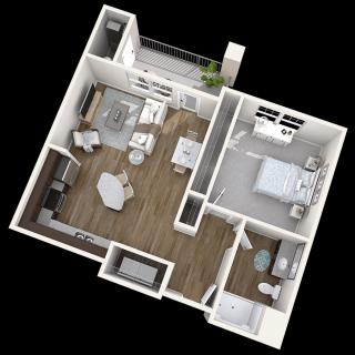 A 3D floor plan of a one-bedroom apartment with a living room, kitchen, bathroom, and dining area.