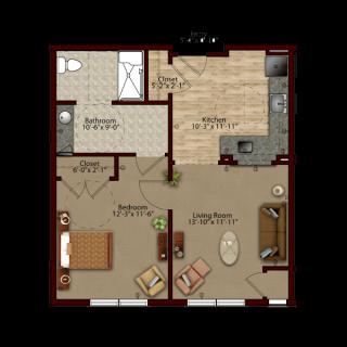 A floor plan of a one-bedroom apartment featuring a bedroom, bathroom, kitchen, and living area.