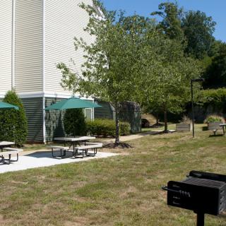 An outdoor picnic area with tables and green umbrellas, surrounded by trees and grass, features a barbecue grill.