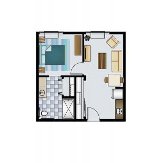 A simple floor plan of a one-bedroom apartment, including a living room, kitchen, and bathroom.