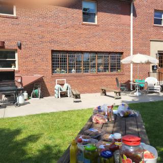 A sunny day in the backyard with a picnic setup and comfortable seating.