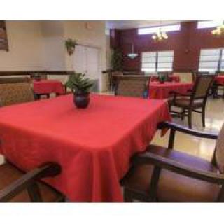 A restaurant dining area with tables covered in red tablecloths and a decorative plant centerpiece.
