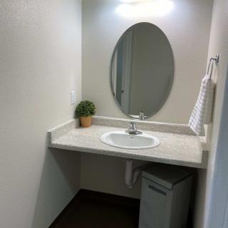 A minimalist bathroom with an oval mirror, sink, potted plant, and a small towel on the wall.