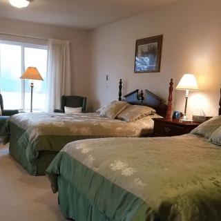 A cozy bedroom featuring two neatly made beds with green bedding, illuminated by bedside lamps and natural light from a large window.