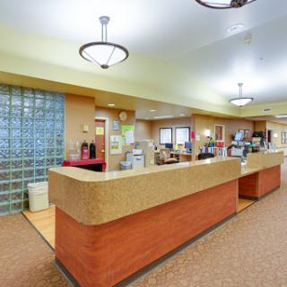A bright and welcoming reception area featuring a spacious counter and modern lighting.