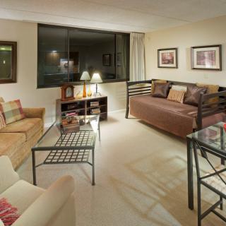 A cozy living room with modern furniture, featuring a sofa, coffee table, and decorative artwork.