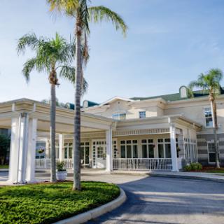 A beautiful resort entrance surrounded by palm trees under a clear sky.