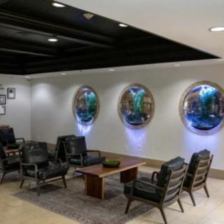 A modern lobby with sleek seating and decorative wall art.