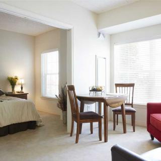 A cozy apartment with a combined bedroom and living area, featuring a dining table by the window.