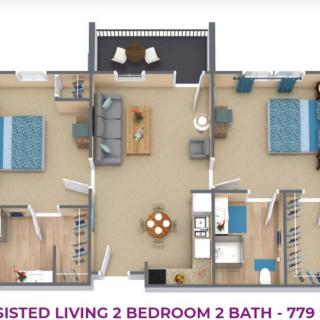 A detailed floor plan of a two-bedroom, two-bathroom assisted living apartment.