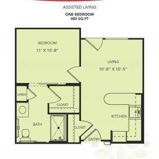 A floor plan of a one-bedroom apartment measuring 488 square feet.