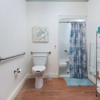 A clean and spacious bathroom with a toilet, shower curtain, and safety grab bars.