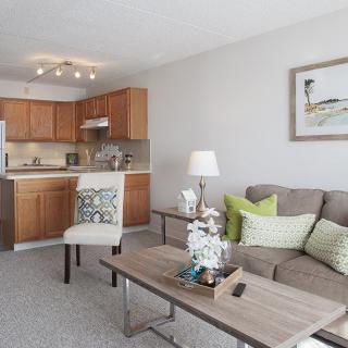 A modern apartment featuring an open-plan living room and kitchen with stylish decor.