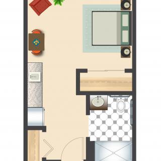 A compact apartment floor plan featuring a bedroom, living area, and bathroom.