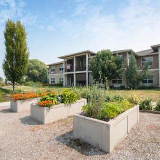 A well-maintained apartment building with landscaped gardens and planter boxes.