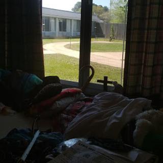 A glimpse of a cozy indoor space with a messy bed and a sunny view of the outdoors.