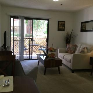 A cozy living room with a sofa, coffee table, TV, and sliding patio doors leading outside.