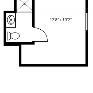 A floor plan of a small room with an attached bathroom, featuring dimensions.
