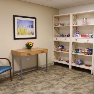 A room with shelves filled with various items, a chair, a table with a plant, and a framed picture on the wall.