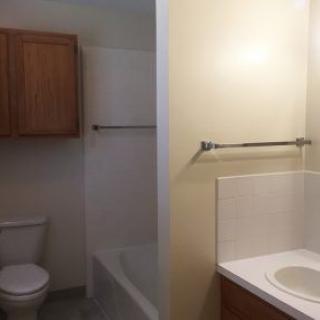 A bathroom interior featuring a toilet, sink, bathtub, and wooden cabinets.