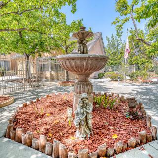 A decorative garden fountain surrounded by trees and sunlight.