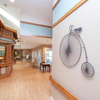 A hallway featuring wooden floors and a decorative penny-farthing bicycle on the wall.