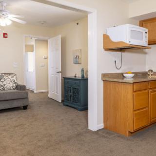 A cozy apartment interior featuring a small kitchen area with a microwave and a comfortable living room with a sofa.