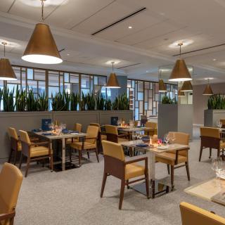 A modern restaurant dining area with neatly arranged tables and chairs, featuring stylish lighting and contemporary decor.