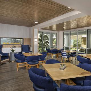 A modern dining area featuring blue chairs and wooden tables, with ample natural light.