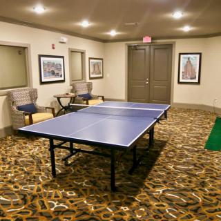 A cozy recreation room featuring a ping pong table and framed artwork on the walls.