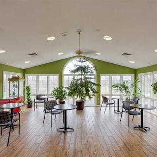 A cozy cafe interior with large windows and indoor plants.