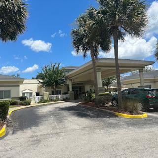 A welcoming hotel entrance surrounded by palm trees and a clear blue sky.