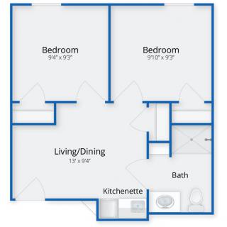A floor plan of an apartment with two bedrooms, a living/dining area, kitchenette, and bathroom.